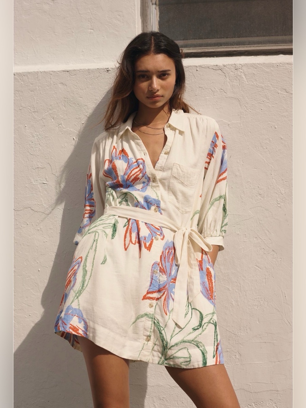 Anthropologie Linen Floral Shirt Dress